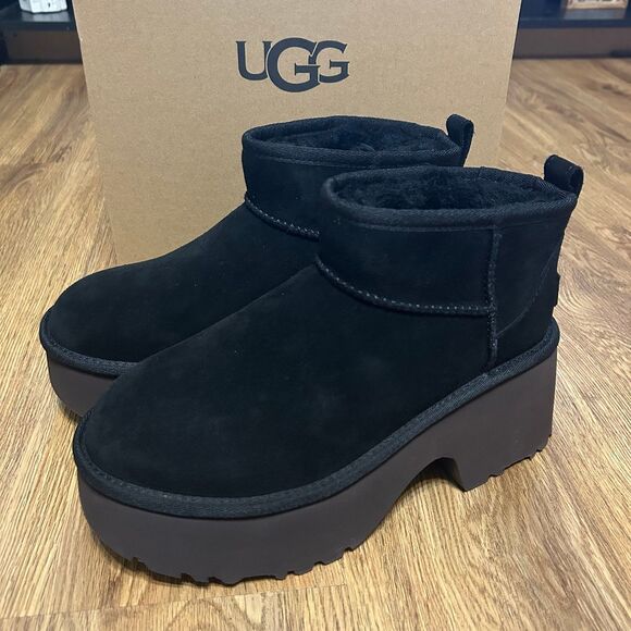 UGG black suede wool platform heeled ankle boots booties shoes women’s 8 new - Picture 7 of 7